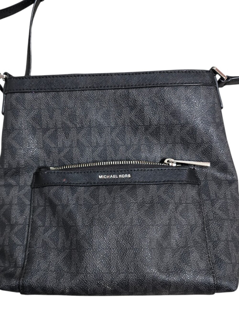 Michael Kors Morgan Black Grey Medium Signature MK Logo Messenger Crossbody Bag